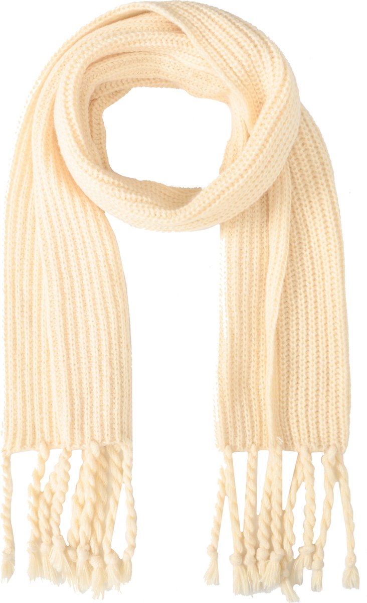 Nouka Witte Dames Sjaal - Gebreid Patroon en franjes – Warme & Lichte Sjaal – Herfst / Winter – 30 x 180 cm