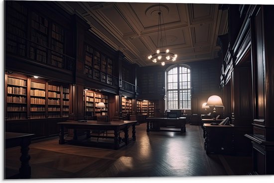 Dibond - Bibliotheek - Boeken - Stilte - Tafels - 75x50 cm Foto op Aluminium (Wanddecoratie van metaal)