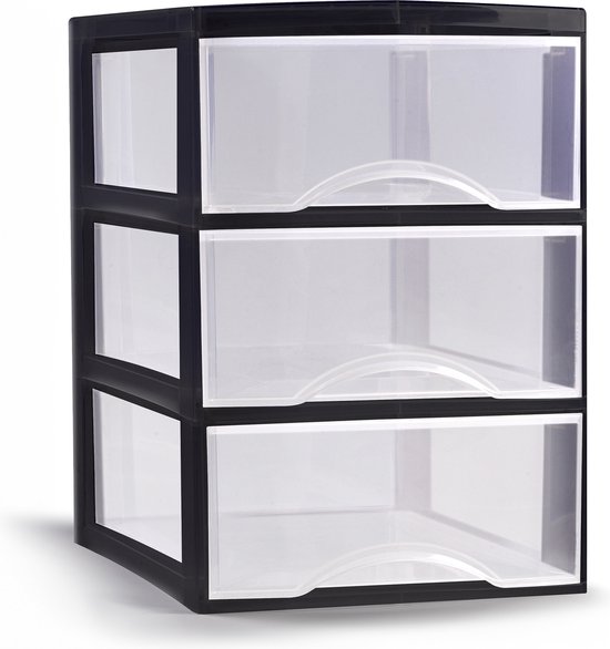 Plasticforte Ladeblokje/bureau organizer met 3x lades - transparant/zwart - L26 x B36 x H37 cm