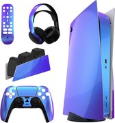 Equivera Geschikt voor PS5 Sticker - Geschikt voor PS5 Skins Voor Geschikt voor PS5 Disk Edition + Inclusief Voor Controllers, Oplaadstation, Headset & Afstandsbediening - Limited Edition Chrome Purple Blue