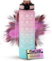 Motivatie Waterfles Motivai® - Roze/Blauw - Inclusief Extra Afsluitklepje - 1 Liter - Motiverende Drinkfles met Rietje - BPA Vrij - Met Motivai® Hydration Challenge