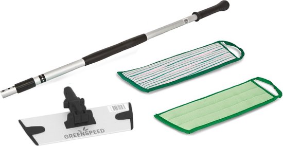 Greenspeed pakket wand en glas in 't zwart. Telescoopsteel, vlakmopplaat, vlakmoppen.