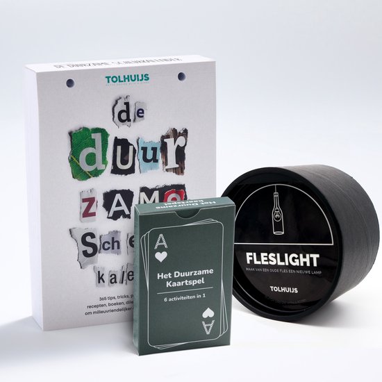 Foto: Tolhuijs het duurzame cadeaupakket scheurkalender kaartspel diy bottlelamp
