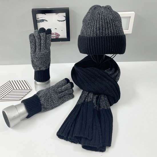 Ensemble hiver tricoté écharpe, bonnet, gants homme - Grijs - Anthracite |  bol