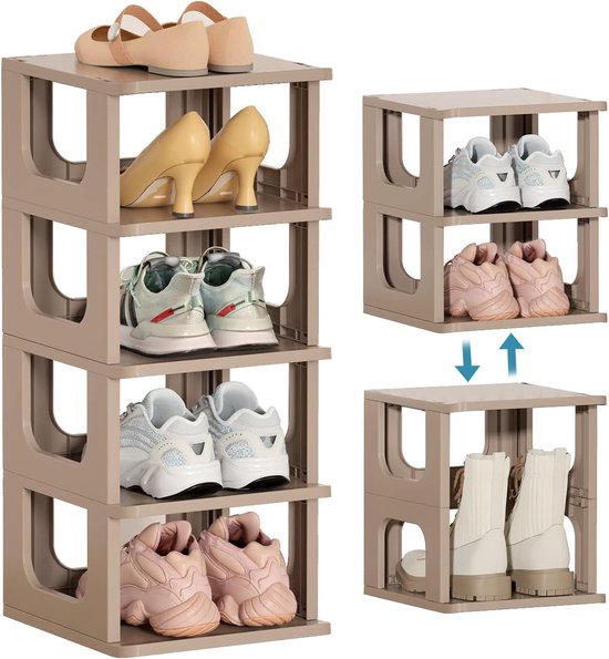 Schoenenrek met 5 niveaus, smal bruin, schoenenrek, schoenenopslag, ruimtebesparend, stapelbaar, schoenenrek voor entree, hal, slaapkamer