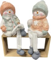 Set van 2 stuks - Sneeuwmannen met bungelbenen - H=23,5cm B=10cm - Rose en Mintgroen - Kerstbeeldjes