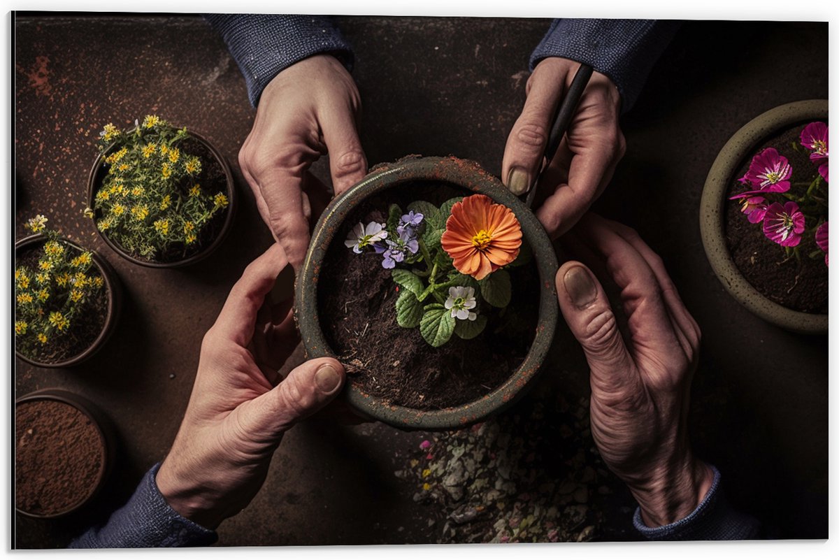 Dibond - Bloemen - Bloempot - Potgrond - Handen - 60x40 cm Foto op Aluminium (Met Ophangsysteem)