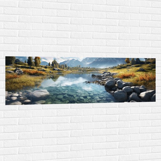Muursticker - Bergen - Rivier - Water - Stenen - 150x50 cm Foto op Muursticker