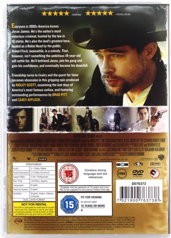 Brad Pitt, met baard en hoed, op de achterkant van de DVD "The Assassination Of Jesse James".