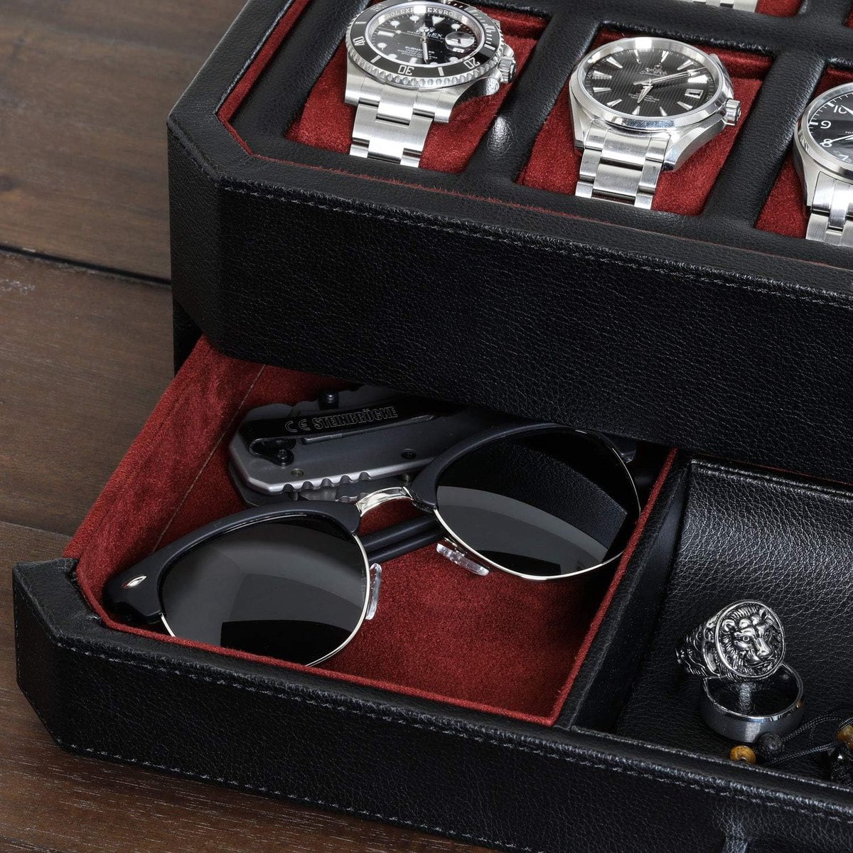 Horlogedoos met valetlade voor mannen, luxe horlogedoos met 12 vakken, display organisator, microsuède voering, vergrendeling, juwelen, opbergdoos, houder, groot, glazen bovenkant (zwart/rood