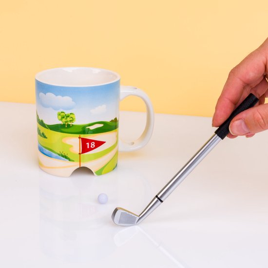 Foto: Mikamax golf mok met golfstick pen en golfballetje beker mok golf accessoires 400 gram