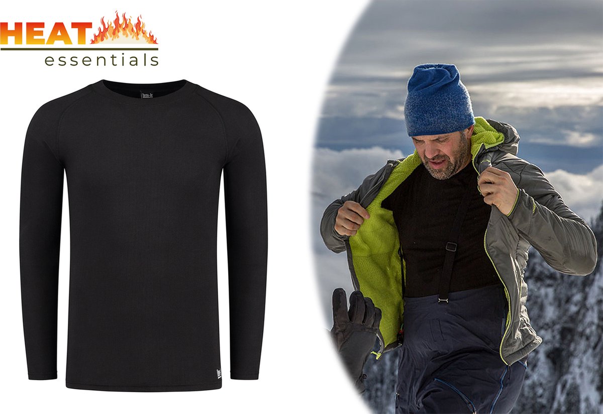 Heat Essentials - Thermo Ondergoed Heren - ThermoShirt Heren - Zwart - L - Thermokleding Heren - Thermo Shirt Heren Lange Mouw
