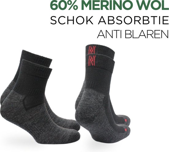 Norfolk - Wandelsokken - 2 paar - Anti Blaren Merino wol sokken met demping - Snelle Vochtopname - Wollen Sokken - Leonardo QTR - Zwart - 39-42