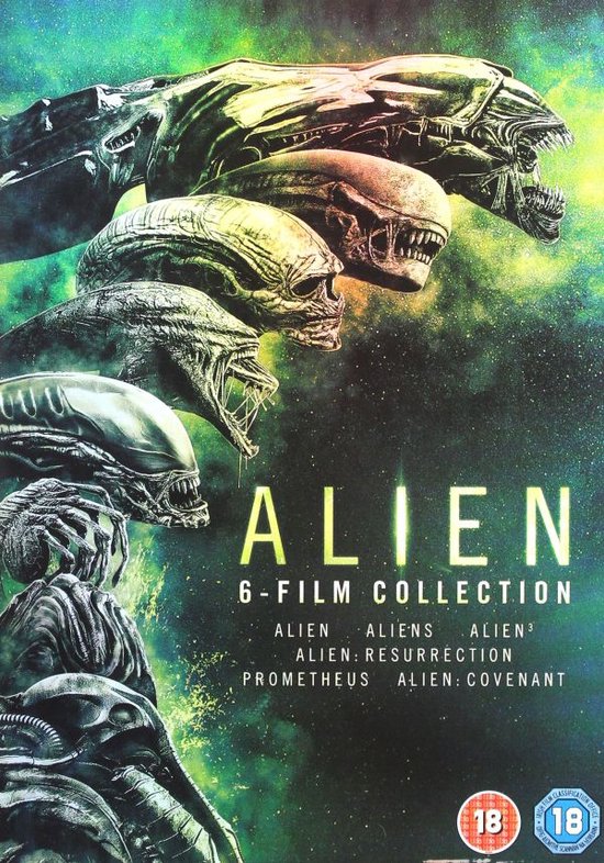 De voorkant van de Alien 6-filmcollectie DVD-box, met afbeeldingen van 6 Xenomorphs op een groene, rokerige achtergrond. Tekst: 'ALIEN 6-FILM COLLECTION'.