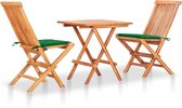 The Living Store Set de bistro Bois - Teck - Pliable - kussen vert - 60x60x65 cm - 46x62x89 cm - Convient pour l'intérieur et l'extérieur - Livraison - 1 table - 2 chaises - 2 coussins