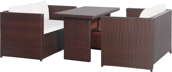 The Living Store Lounge Poly Rattan - Bruin - 2 banken - 1 tafel - 4 kussens