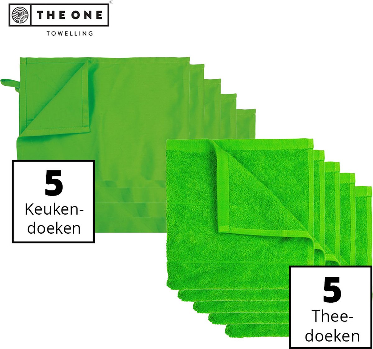The One Towelling Keukentextiel set - 5 Handdoeken & 5 Theedoeken - Voordeelverpakking - 50 x 50 cm / 50 x 70 cm - Katoen - 10-Delig - Limoengroen