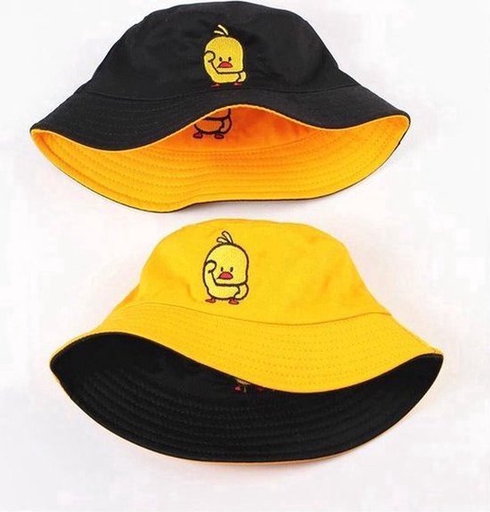 CHPN - Bucket Hat - "Reversible hat - Bucket - Vissershoedje - Eend - One Size - Geel & Zwart - Hippe hoed - Festivalhoedje - Feesthoed - Cadeau