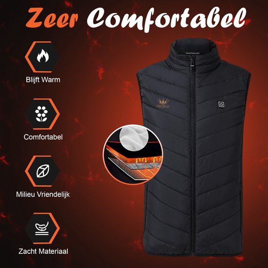 Zwarte bodywarmer met illustratie van warmte, comfort en zacht materiaal. Met detailfoto van de lagen.