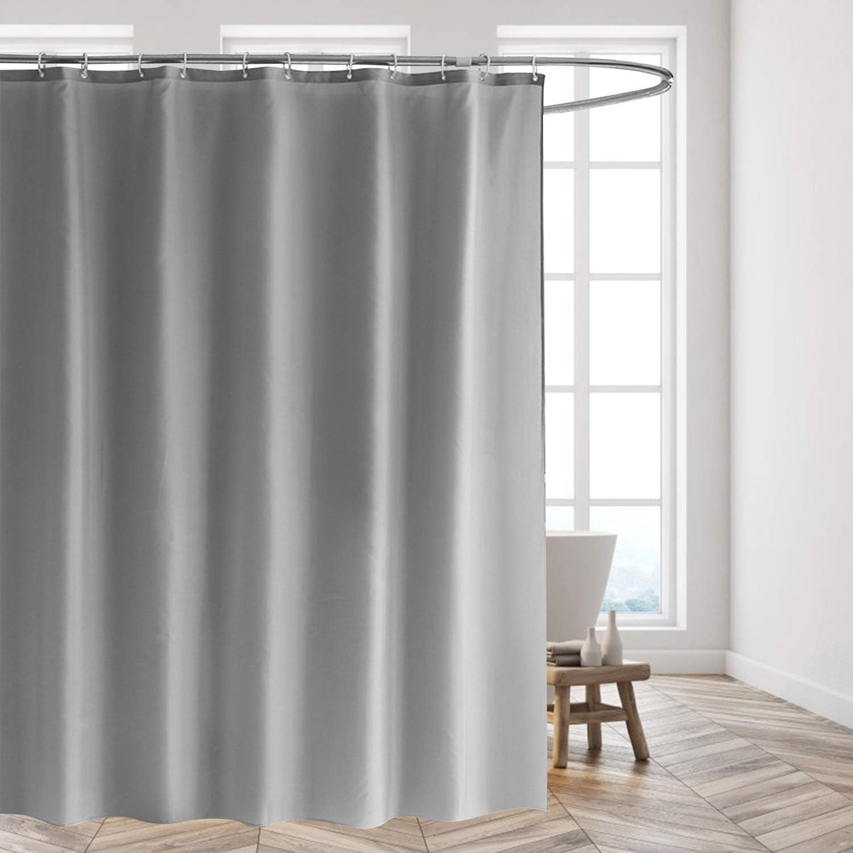 Douchegordijnen, douchegordijn van polyester, schimmelwerend, effen grijs, antibacterieel, waterdicht ontwerp, met 12 douchegordijnringen, 180 x 180 cm, grijs