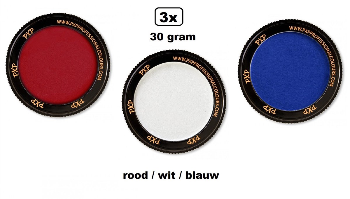 3x Set PXP Professional Colours schmink rood/wit/blauw 30 gram - Schminken verjaardag feest festival thema feest