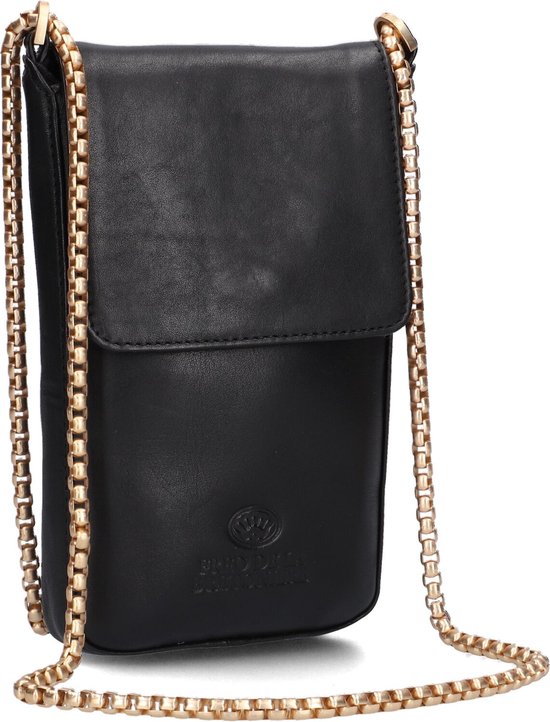 Zwarte, verticale lederen tas met gouden schakelketting. Logo met kroon en tekst 'FRED DE LA BRETONIERE'.