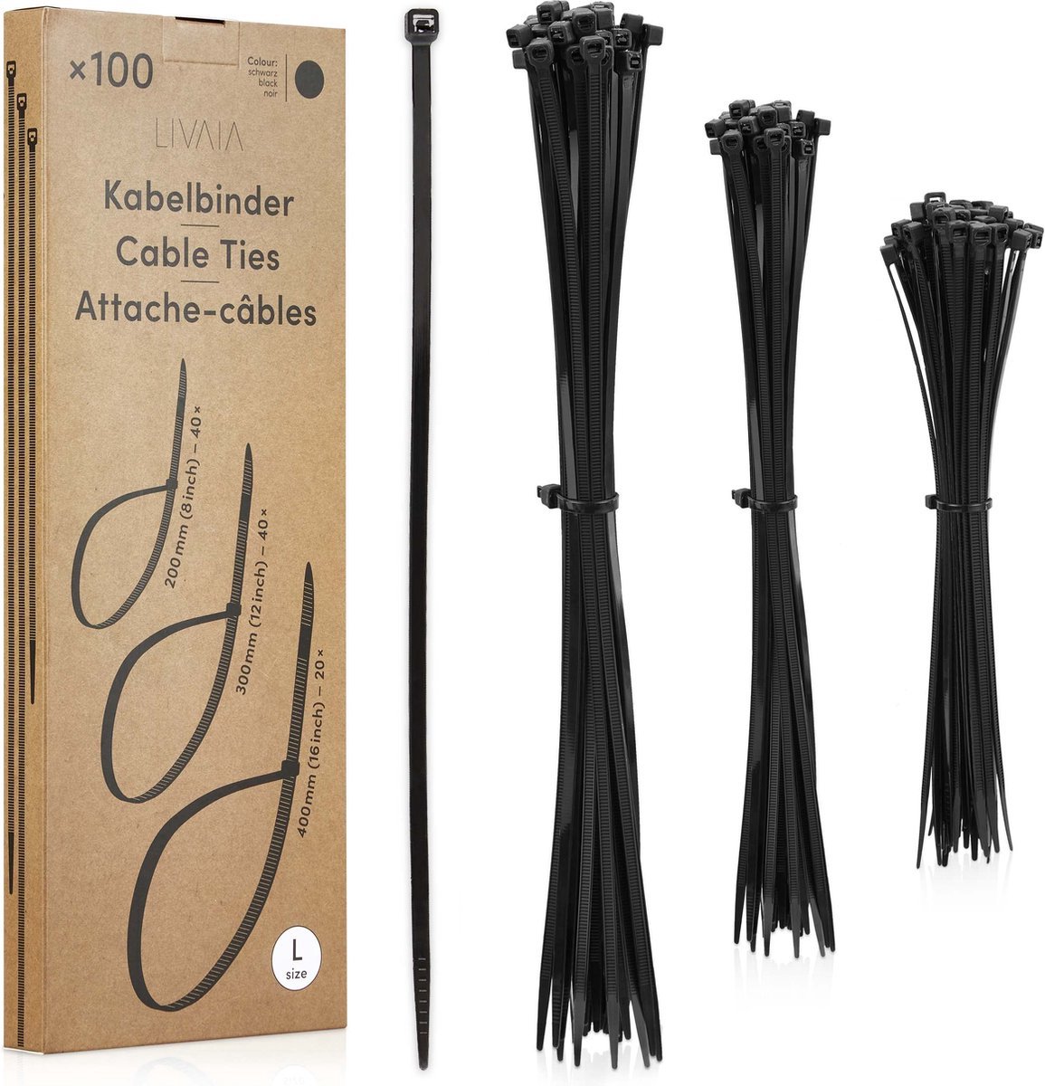 Livaia® Kabelbinderset Zwart: 100 Lange Kabelbinders in 3 Maten - Kabelorganisator, Kabelmanagement - Kabelbinders 300mm, 200mm, 400mm
