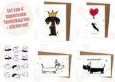 Luxe Kaartenset Teckel met Stickervel! | 4 luxe Teckelkaarten + 12 leuke stickers | wenskaarten | dachshund | Dackel | Planet Puk