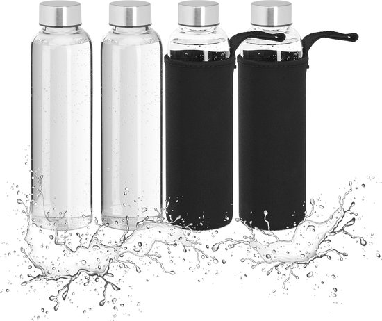 Relaxdays Gourde en verre, lot de 6, 500 ml, bouteille, bouchon bambou,  housse, verre borosilicate, transparent/noir