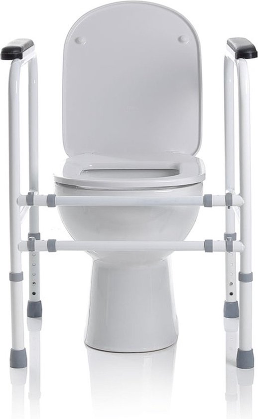 Wit toiletframe met zwarte armleuningen rond een toilet.