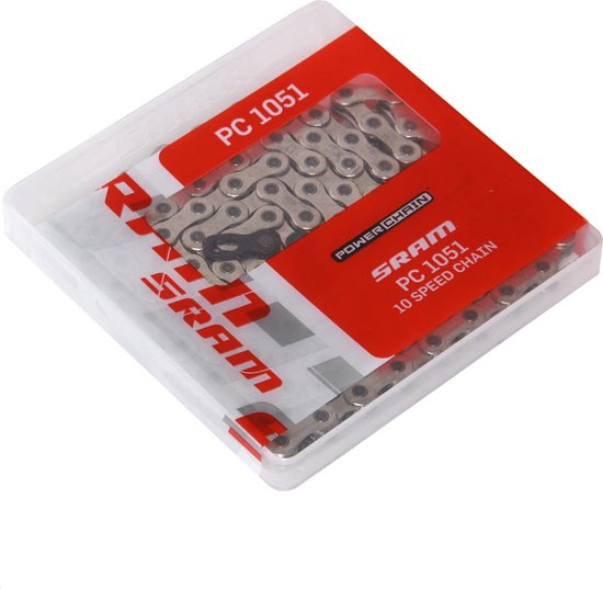 SRAM PC 1051 10-speed fietsketting in een doorzichtige kunststof verpakking met rode opdruk.