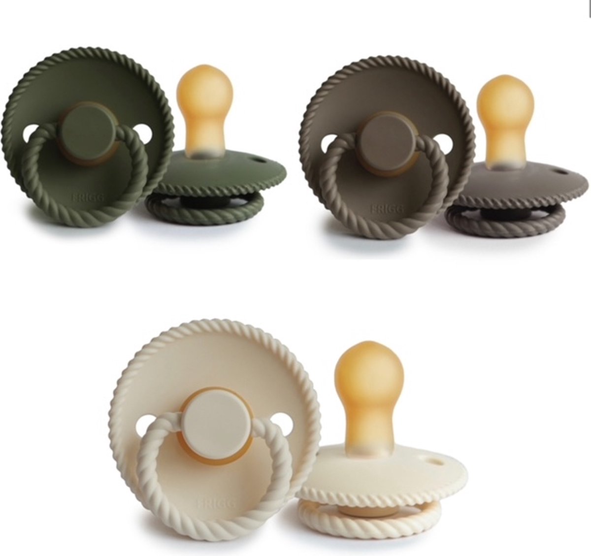 Goedkoopste FRIGG ROPE Fopspeen set 3 stuks Olive,Portobello en Cream 6-18 maand