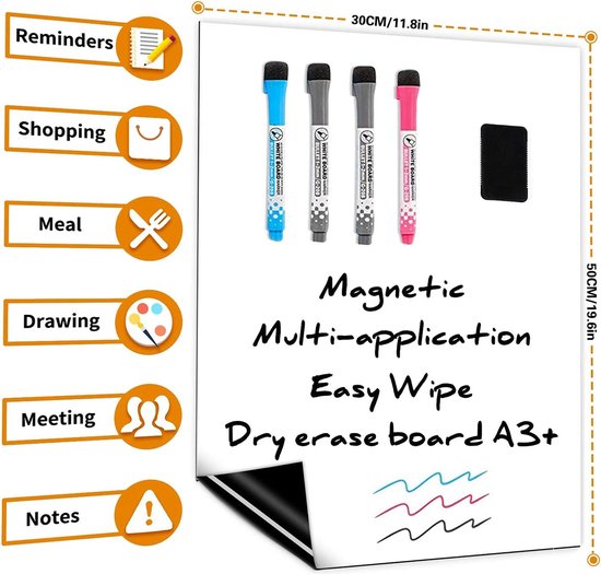 Whiteboard magnetisch koelkast, magneetbord, 2 stuks, 50 x 30 cm, voor familie, keuken, boodschappenlijstje, menu, memoherinnering, notitieplanner, kinderen, afwasbaar, flexibele magneet, wit bord, 4 markeerstiften, 1 gum - Merkloos