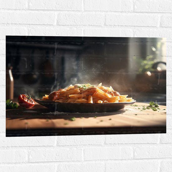 Muursticker - Eten - Pasta - Tafel - Bord - Tomaat - Kaas - 75x50 cm Foto op Muursticker