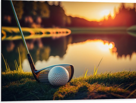 Dibond - Golf - Golfbal - Golfclub - Zonsondergang - Gras - Water - 80x60 cm Foto op Aluminium (Met Ophangsysteem)