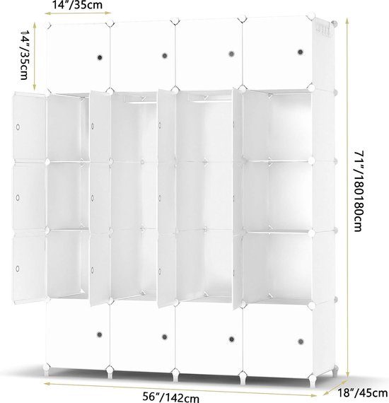 Armoire plastique, Penderie pour le stockage de vêtements jouets/livres,  Étagère de rangement DIY, 14 cubes, Noir Blanc