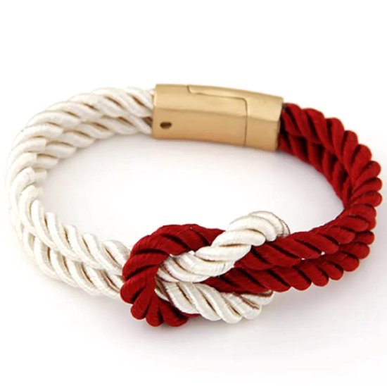 Walletstreet Yin Yang Armband – Gevlochten touw en RVS - Armbandje 19 cm Rood/Wit-voor mannen en vrouwen-Kerstcadeau-Ideale geschenk