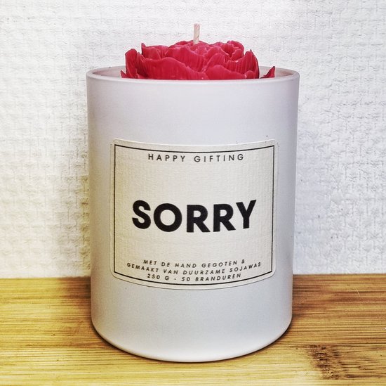 Sorry - Soja was geurkaars - Rode roos - Kaarsglas mat wit - Vanille geur - 250 gram - 50 branduren - Geurkaars - Kaars - Kaars met tekst - Soja was – Soy wax – Handgemaakt – Cadeau – Vanilla - Geschenk – Duurzaam