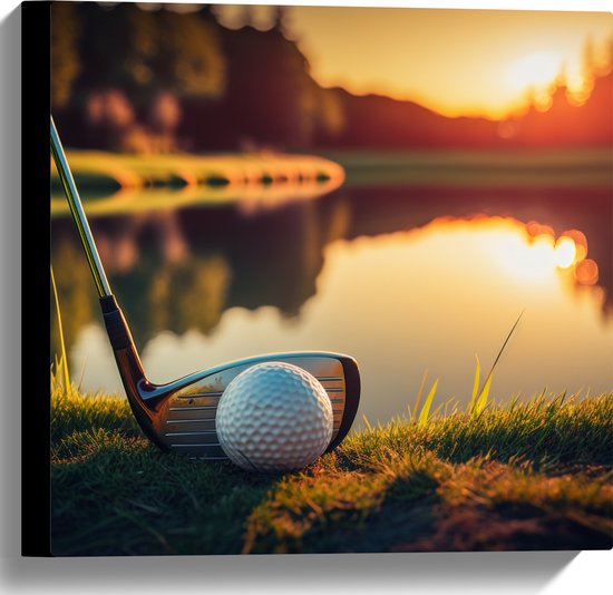 Canvas - Golf - Golfbal - Golfclub - Zonsondergang - Gras - Water - 40x40 cm Foto op Canvas Schilderij (Wanddecoratie op Canvas)