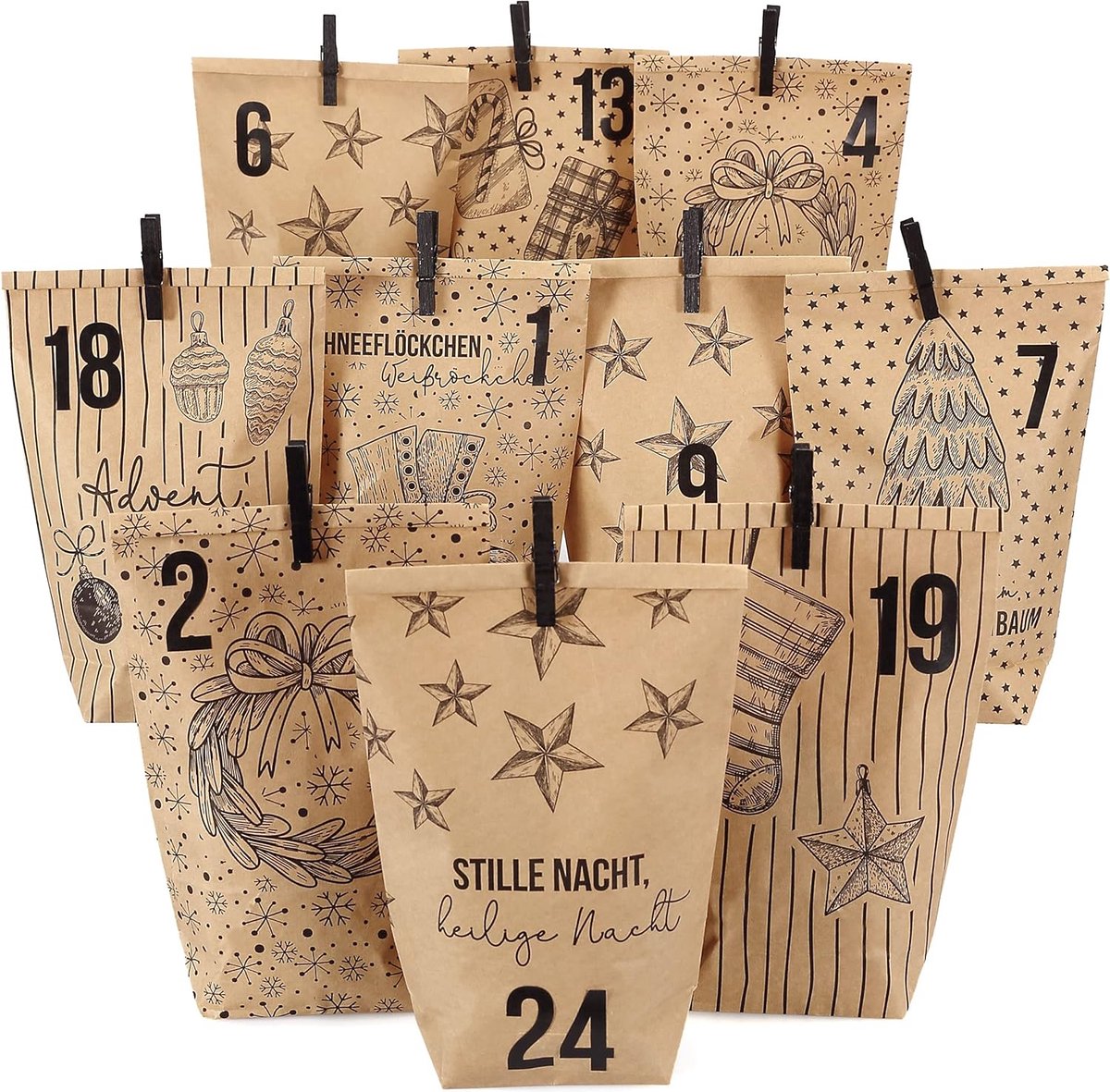 Calendrier De L'Avent Mystère 24 Sacs - Papier Cartonné 33x39x6,7 Cm - Déco Noël - Cadeaux Papeterie Et Stylos - Réutilisable