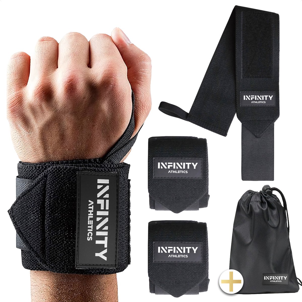 INFINITY ATHLETICS Wrist Wraps - Fitness, CrossFit & Powerliften - Krachttraining Polsband - Sterk Klittenband - Til Zwaardere Gewichten - Gratis Opbergzakje - Zwart