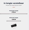 Zwarte gordijnroede, in lengte verstelbaar van 120cm tot 210cm. Uitschuifbaar.