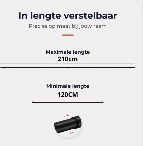 Zwarte gordijnroede, in lengte verstelbaar van 120cm tot 210cm. Uitschuifbaar.