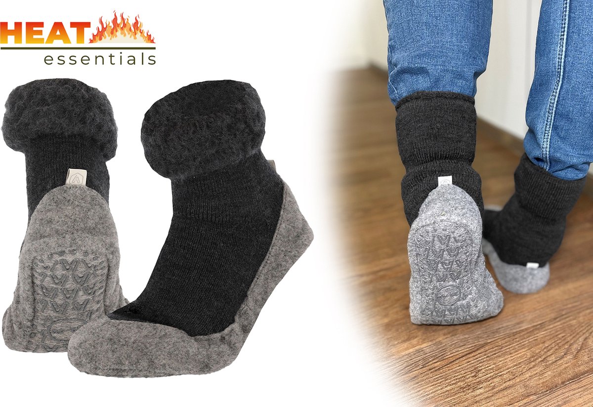 Heat Essentials Wollen Pantoffel Sokken Antraciet 41 42 Pantoffels Dames Sloffen Dames Unisex Antislip Sokken Huissokken