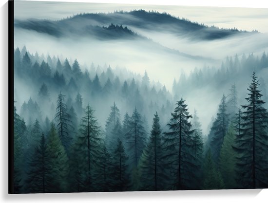 Canvas - Bomen - Bossen - Mist - 100x75 cm Foto op Canvas Schilderij (Wanddecoratie op Canvas)