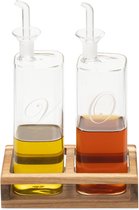 Set van oliefles en azijnfles - Twee navulbare flesjes met schenktuit - Glazen flessen met dispenser voor azijn en olie - In houten houder