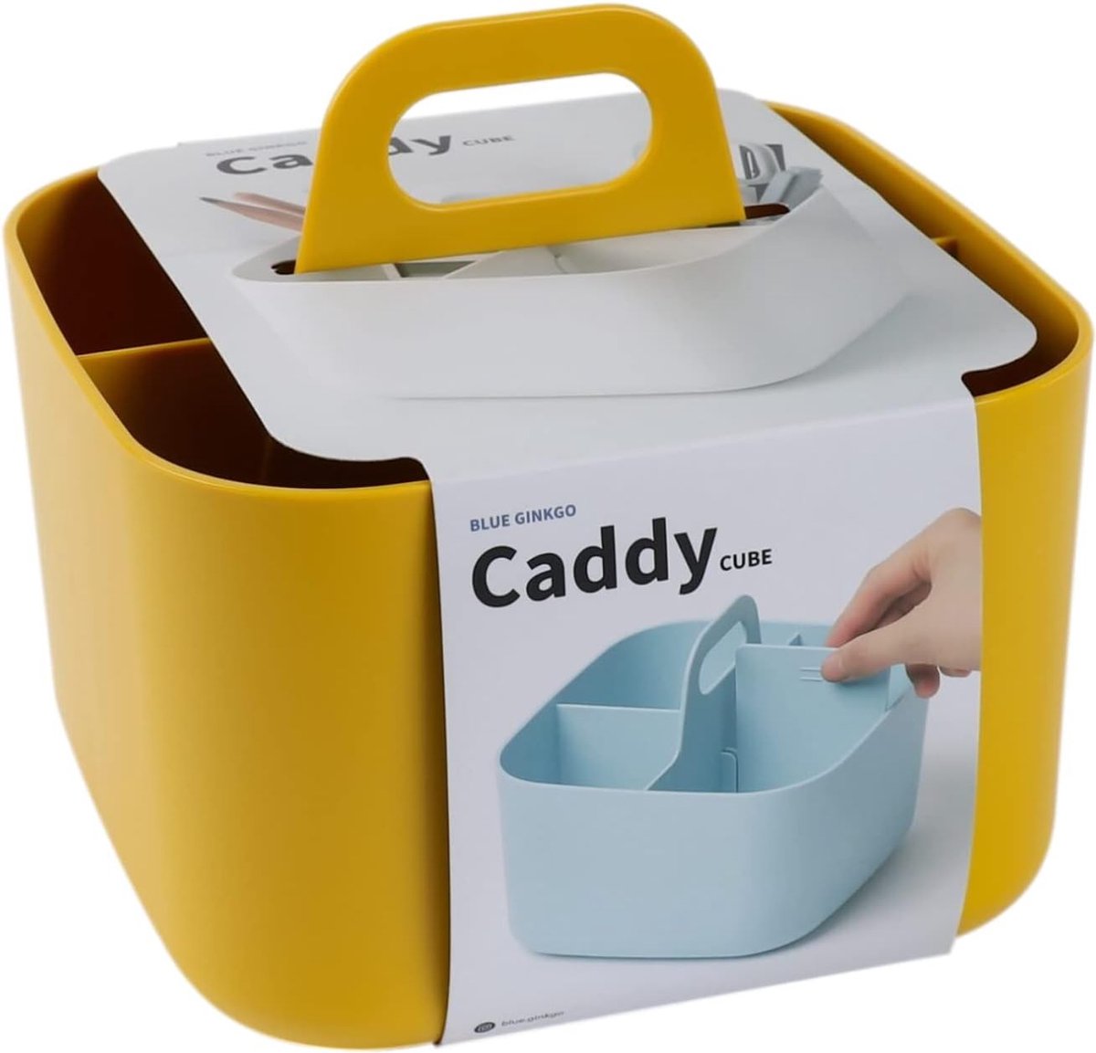 Multifunctionele mand-organizer, stapelbare kunststof mand met handvat, reinigingsmand, knutselmand, bureaumand, opslag voor kunst en make-up (vierkant), geel