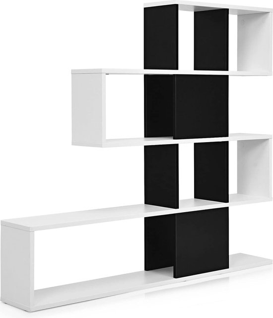 Ladder Boekenkast met 5 planken en deuren, decoratieve houten planken voor woonkamer en kantoor (zwart en wit)
