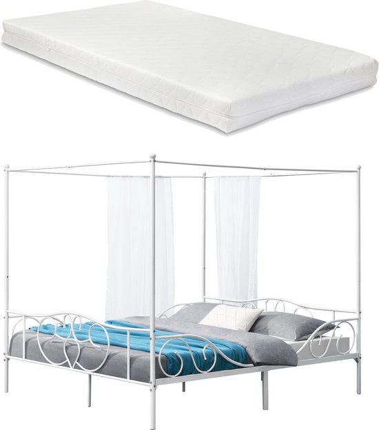 Metalen hemelbed Gonzalo - met bedbodem en matras - 180x200 cm - wit - stabiel frame - minimalistisch design