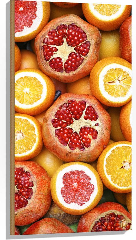 Hout - Fruit - Gesneden - Sinaasappel - Granaatappel - Grapefruit - 50x100 cm - 9 mm dik - Foto op Hout (Met Ophangsysteem)